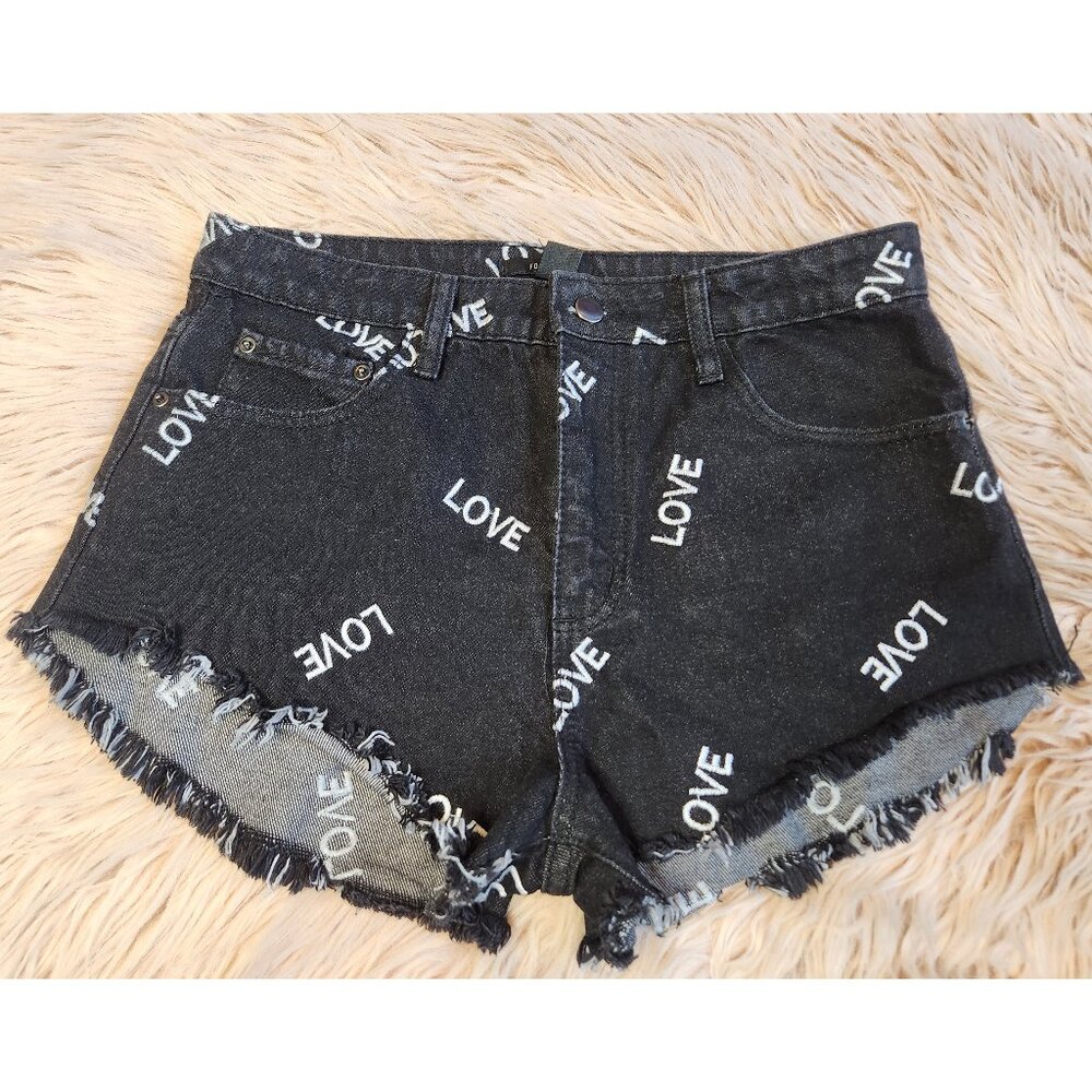 RARE FIND!! Super Cute Forever 21 HIGH WA'IST "LOVE" Denim Frey Shorts-Size 28/6
